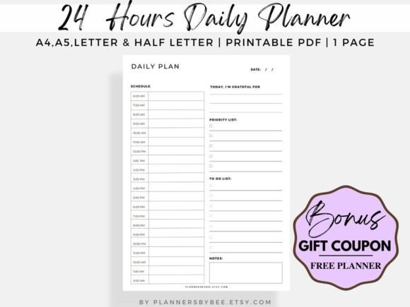 Download 24 Hour Planner, Daily Planner Printable - Premium Bundle